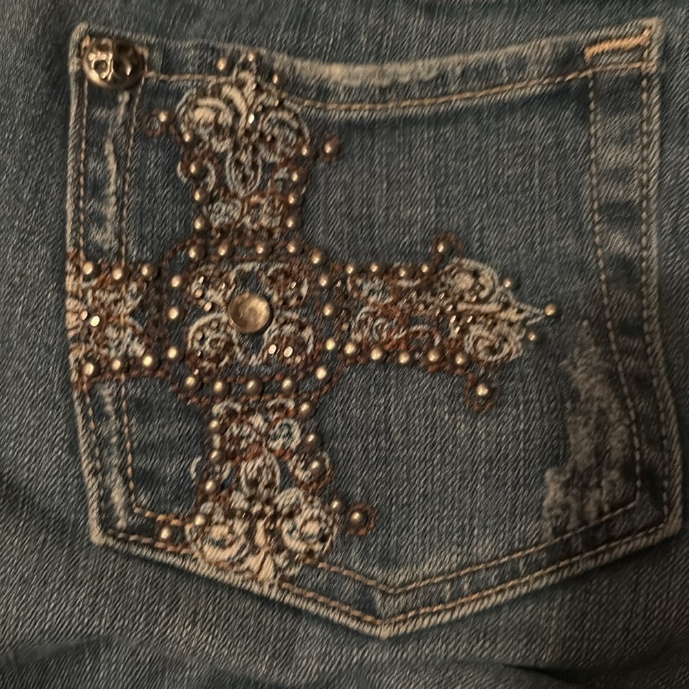 MISS ME Cross JEANS Distressed Embellished Embroidered Rhinestone 30 30 Low Rise